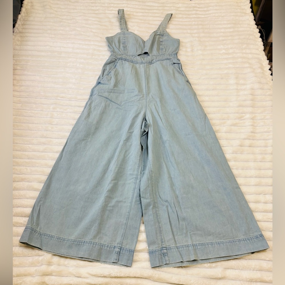 Aerie twill cutout jumpsuit, sz S | boho wide leg denim summer cropped overalls - Picture 8 of 13